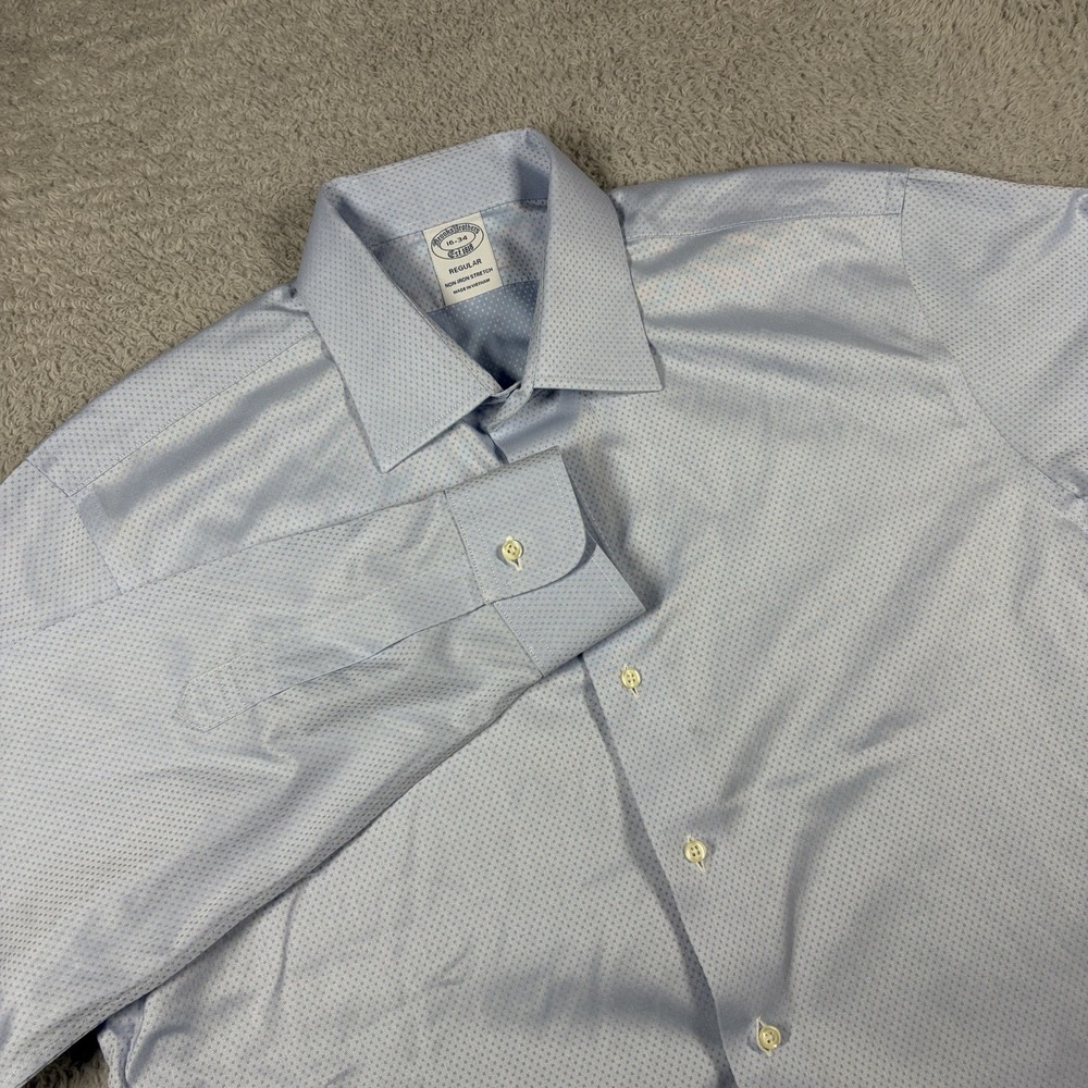 Brooks Brothers Oxford Dress Shirt Mens 16-34 Blue Pattern‎ Non Iron Stretch